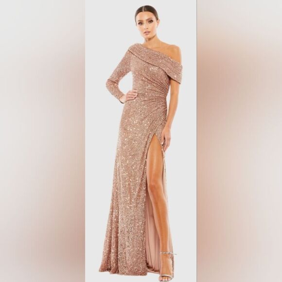 Mac Duggal 26571 Copper Pink Sequined Drop Shoulder Faux Wrap Gown NWT Sz 8 - Picture 1 of 7